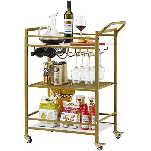 Tajsoon 3-Tier Bar Cart, Mobile Bar Serving Cart, Industrial Style Wine Cart for Kitchen, Beverage Cart with Wine Rack and Glass Holder, Rolling Drink Trolley for Living Room, Gold & White