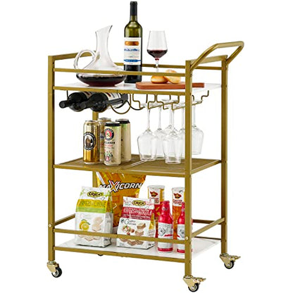 Tajsoon 3-Tier Bar Cart, Mobile Bar Serving Cart, Industrial Style Wine Cart for Kitchen, Beverage Cart with Wine Rack and Glass Holder, Rolling Drink Trolley for Living Room, Gold & White