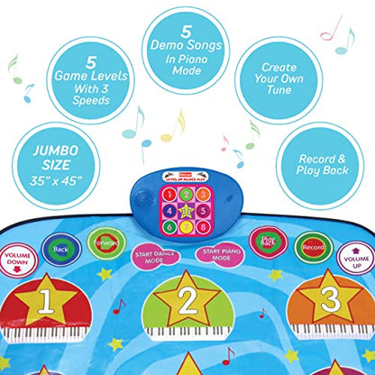 Kidzlane - Level Up Dance Matt | Musical Mat - Dance Game Toy Gift for Kids Girls Boys - Piano mat Ages 3+, Adjustable Volume, Built-in Music, 5 Challenge Levels (35"X45")