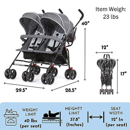 Dream On Me Volgo Twin Umbrella Stroller in Gray, Lightweight Double Stroller for Infant & Toddler, Compact Easy Fold, Large Storage Basket, Large and Adjustable Canopy