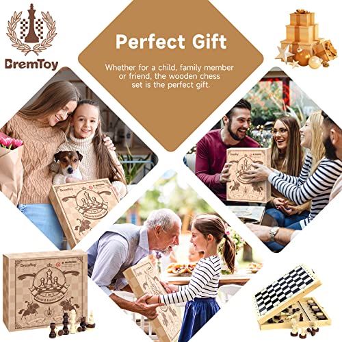BremToy 4 in 1 Chess Sets-Wooden Chess & Checkers Set, Sling Puck and Nine Men's Morris Board Games for Kids Adult, Foldable & Portable Chess Board Set for Travel (12x12inch)