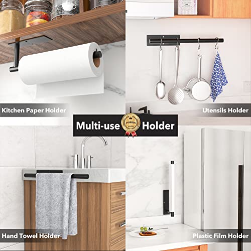 Paper Towel Holder Under Cabinet - Self-Adhesive or Drilling, Matte Black Paper Towel Holder Wall Mount, Towel Rack for Kitchen Organization and Storage, Stainless Steel Kitchen Paper Roll Holder