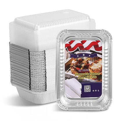BIEAMA 50 Pack 8x5.5 Disposable Takeout Pans with Clear Lids, Disposable Baking Pans for Food To Go, Take Out, Foil Pans with Plastic Lids for Spill Resistance