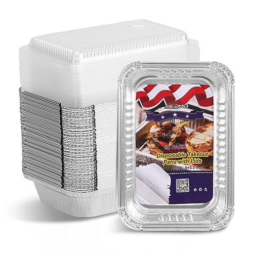 BIEAMA 50 Pack 8x5.5 Disposable Takeout Pans with Clear Lids, Disposable Baking Pans for Food To Go, Take Out, Foil Pans with Plastic Lids for Spill Resistance