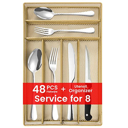 48 pieces Silverware with orgainzer, KITWARE Flatware for 8, Stainless Steel Utensil with metal tray, Home & Kitchen Mirror Polish Cutlery, Dishwasher Safe