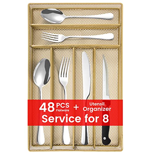 48 pieces Silverware with orgainzer, KITWARE Flatware for 8, Stainless Steel Utensil with metal tray, Home & Kitchen Mirror Polish Cutlery, Dishwasher Safe