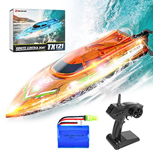 BEZGAR TX121 RC Boat - Remote Control Boat for Pools and Lakes, 2.4GHz Racing RC Boats for Adults and Kids, Top Speed 20+MPH, Features with Transparent Cover and LED Effect, with Rechargeable Battery