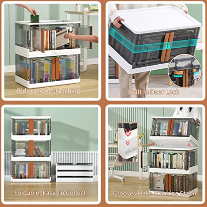 HAIXIN Storage Bins with Lids, Collapsible Storage Bins, Wardrobe Closet Organizer, 19 Gal Stackable Toy Storage, Foldable Plastic Storage Container with Door, Crate for Book Storage (3 Pack)