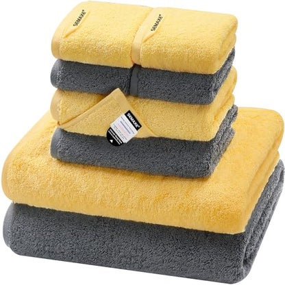 SEMAXE 8 Piece Towel Set, 2 Bath Towels, 2 Hand Towels, 4 Washcloths,100% Cotton Towels for Bathroom, Yellow and Grey Towel Set