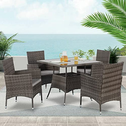 Wisteria Lane Outdoor Furniture 5-Piece Wicker Patio Dining Table and Chair Set,Square Tempered Glass Table Top with Umbrella Hole for Backyard,Grey