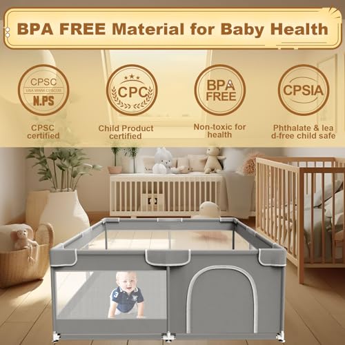 XVISHX Baby Playpen 50 x 50 Inch Play Pen Playards, Playpen for Babies and Toddlers, Baby Playard for Indoor & Outdoor Active Center Game Fence, with Skin-Friendly Fabric and Soft Breathable Mesh Grey