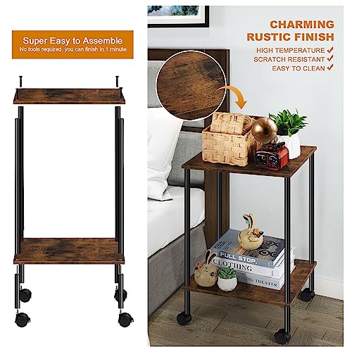 Fogein Set of 2 End Table with Wheels, 2-Tier Side Table, Sode Table, Side Table with Storage, Table Stand, Nightstand for Living Room Bedroom Small Space Table(Brown)