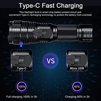 BengMxj Rechargeable LED Flashlights, 90000 High Lumens Flashlight, XHP70 Tactical Flashlight with Zoomable, 5 Modes, Super Bright Waterproof Flashlights for Emergencies, Camping, Hiking