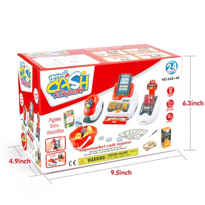 Victostar Toy Cash Register for Kids with Checkout Scanner,Fruit Card Reader, Credit Card Machine, Play Money and Food Shopping Play Set
