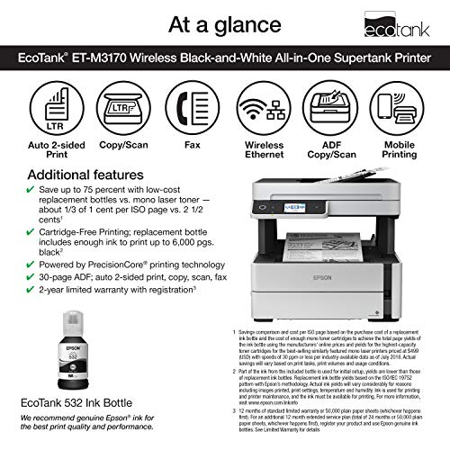 Epson EcoTank ET-M3170 Wireless Monochrome All-in-One Supertank Printer with ADF, Fax and Ethernet PLUS 2 Years of Unlimited Ink*, White