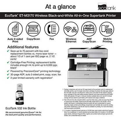 Epson EcoTank ET-M3170 Wireless Monochrome All-in-One Supertank Printer with ADF, Fax and Ethernet PLUS 2 Years of Unlimited Ink*, White