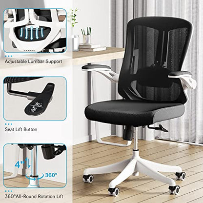 balmstar Office Chair, Ergonomic Desk Chair Home Office Desk Chairs, Breathable Mid-Back Comfortable Mesh Computer Chair with PU Silent Wheels, Flip-up Armrests, Tilt Function, Lumbar Support (Black)