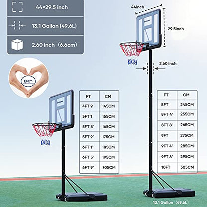 WIN.MAX Portable Basketball Hoop Goal System 4.8-10ft Adjustable 44in Backboard for Kids/Adults Indoor Outdoor