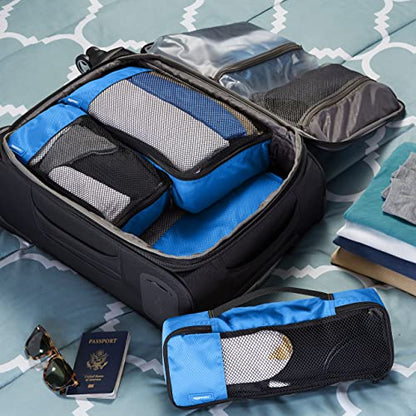 Amazon Basics 4 Piece Packing Travel Organizer Cubes Set, Small, Medium, Large, and Slim, Blue