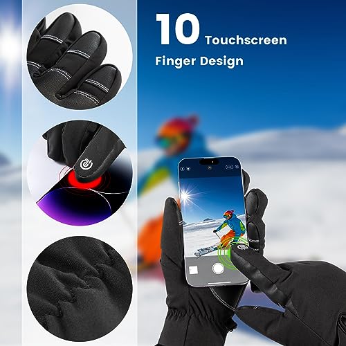 Pleneal Winter Waterproof Gloves for Men - Snow Ski Gloves with 10 Touchscreen Fingers & Comfortable Multiple-Layer Lining, Elastic Wrist Band
