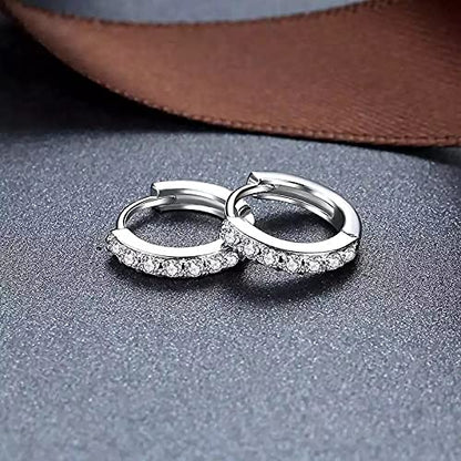 Silver Huggie Hoop Earrings, 925 Sterling Silver 14K Gold Plated Cubic Zirconia Cuff Earrings for Women Girls, Sparkle Hypoallergenic 13mm Small Cartilage Piercing Stud- Silver