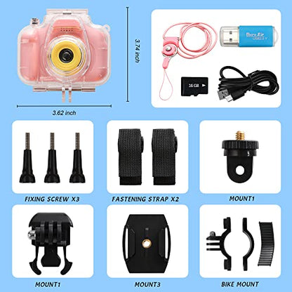 Kids Waterproof Camera Toys for 4-8 Year Old Kids, Children Digital Action Cameras with 16GB Memory Card, Indoor Outdoor Toddler Camera, Birthday Christmast Gifts for KidsAge 5-10 by Elimiic (Pink)