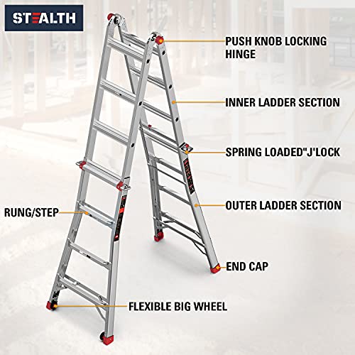 Stealth Multifunction Telescoping Ladder, Aluminum Extension Ladder with 2 Flexible Wheels, Step Ladder for Working Indoor/Outdoor EM4X4L1