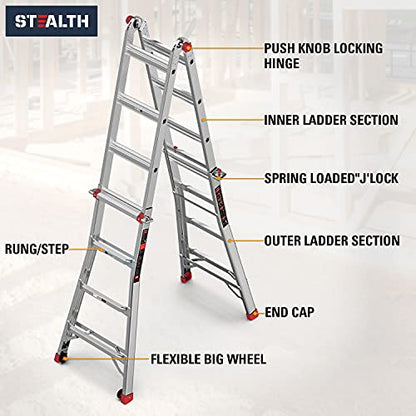 Stealth Multifunction Telescoping Ladder, Aluminum Extension Ladder with 2 Flexible Wheels, Step Ladder for Working Indoor/Outdoor EM4X4L1