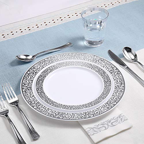 175 Piece Silver Dinnerware Set 25 Guest-50 Silver Lace Plastic Plates-25 Silver Plastic Silverware-25 Silver Plastic Cups-25 Linen Like Silver Paper Napkins, FOCUSLINE Disposable Dinnerware Set
