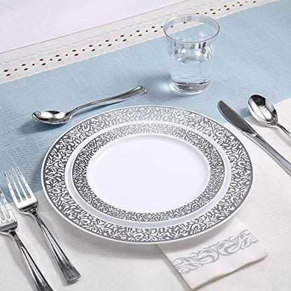 175 Piece Silver Dinnerware Set 25 Guest-50 Silver Lace Plastic Plates-25 Silver Plastic Silverware-25 Silver Plastic Cups-25 Linen Like Silver Paper Napkins, FOCUSLINE Disposable Dinnerware Set
