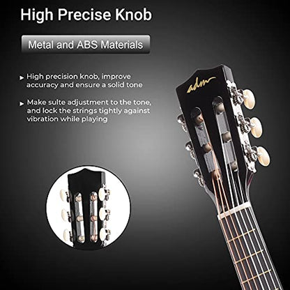 ADM Beginner Acoustic Classical Guitar 30 Inch Nylon Strings Wooden Guitar Bundle Kit for Kid Boy Girl Student Youth Guitarra Free Online Lessons with Gig Bag, Strap, Tuner, String, Pick, Black Color
