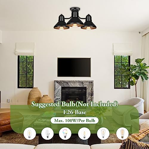 Farmhouse Semi Flush Mount Ceiling Light Fixture, Matte Black Metal Kitchen Light Fixture, 3-Light Industrial Ceiling Lamp, E26 Rustic Chandelier for Living Room Bedroom Dining Room Entryway Hallway