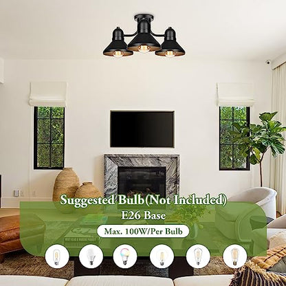 Farmhouse Semi Flush Mount Ceiling Light Fixture, Matte Black Metal Kitchen Light Fixture, 3-Light Industrial Ceiling Lamp, E26 Rustic Chandelier for Living Room Bedroom Dining Room Entryway Hallway
