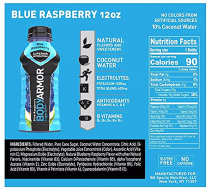 BODYARMOR Sports Drink Sports Beverage, Blue Raspberry, Coconut Water Hydration, Natural Flavors With Vitamins, Potassium-Packed Electrolytes, Perfect For Athletes, 12 Fl Oz (Pack of 8)