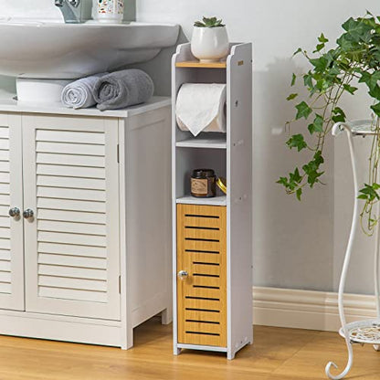 AOJEZOR Toilet Paper Holder Stand, Small Bathroom Storage Cabint (30''H Small Size(fit Small roll), Pure White/Bamboo)