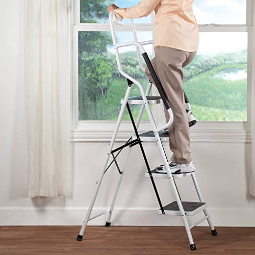 EdMaxwell 4 Step Ladder with Handrails 500 lb Capacity Step Stool Folding Portable Ladders for Home Kitchen Steel Frame with Non-Slip Wide Pedal Stepladder with Attachable Tool Bag White