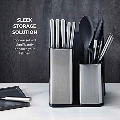 10-Piece Stainless-Steel Kitchen Knife Set - Newly Innovative Knifes Set with Utensil Holder - 5 Stainless-Steel Knives - Knife Sharpener - Kitchen Scissors - Cutting Board- Knife Block holder