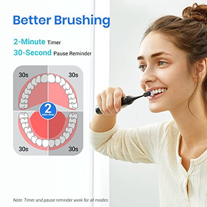 Etekcity Electric Toothbrush Sonic for Adults, Learning Mode, 6 Soft & Premium Brush Heads, Fast Charge 3 Hours Last 60 Days, Kids and Beginners, 2 Mins Smart Timer, 5 Modes & Travel Case, Black