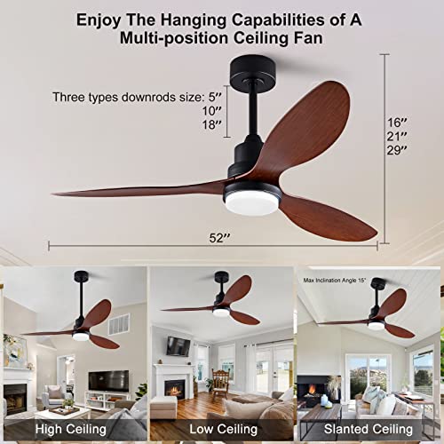 OMYU 52” Ceiling Fans with Light and Remote, 3 ABS Blades and Downrod, 6 Speed DC Motor, Indoor Outdoor Ceiling Fan for Patio, Bedroom, Living Room, Office, Kitchen