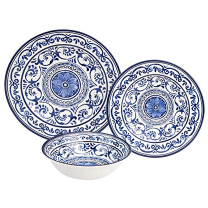 Amazon Basics Melamine Dinnerware Set, Service for 4, Traditional Blue and White - Set of 12