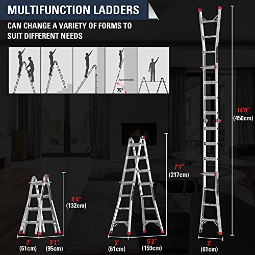 Stealth Multifunction Telescoping Ladder, Aluminum Extension Ladder with 2 Flexible Wheels, Step Ladder for Working Indoor/Outdoor EM4X4L1