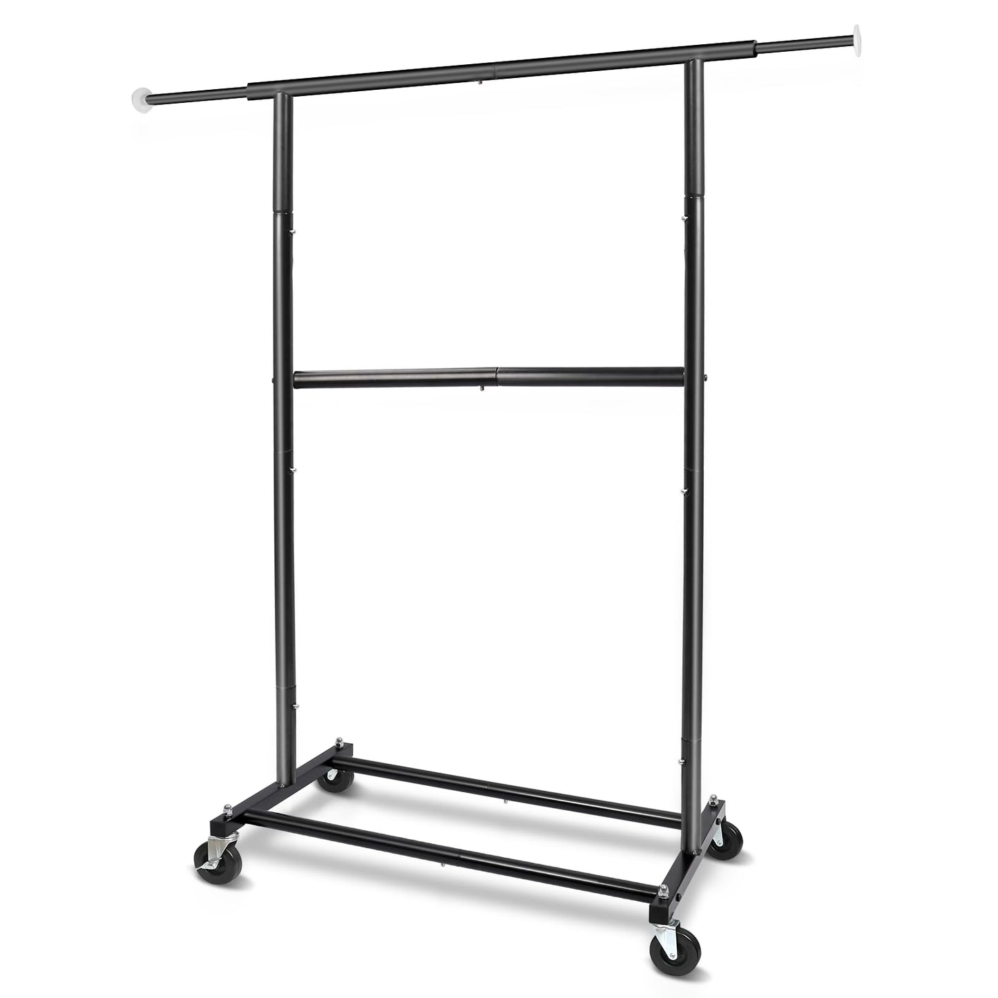 Fishat Simple Standard Double Rod Rolling Clothing Garment Rack for Hanging Clothes, Metal Clothes Organizer with Lockable Wheels (Black)