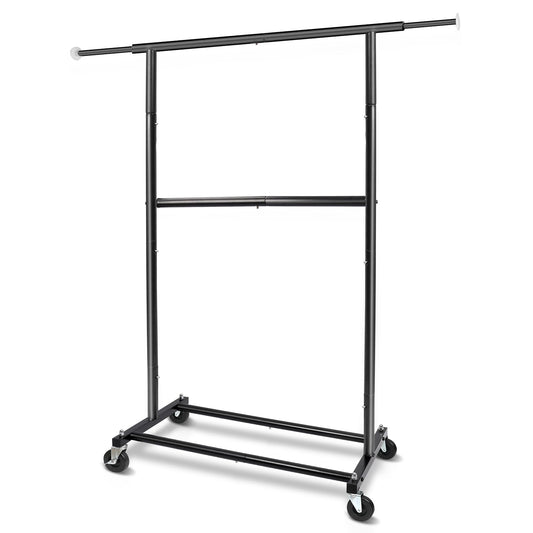 Fishat Simple Standard Double Rod Rolling Clothing Garment Rack for Hanging Clothes, Metal Clothes Organizer with Lockable Wheels (Black)