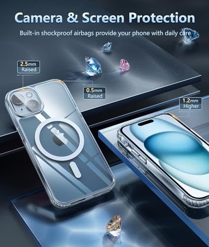 FNTCASE for iPhone 15 Case: Support Magnetic Charging Military Grade Drop Protection Anti Yellowing Cell Phone Cover - Rugged Durable Shockproof Protective Bumper - 6.1 Inch (Clear)