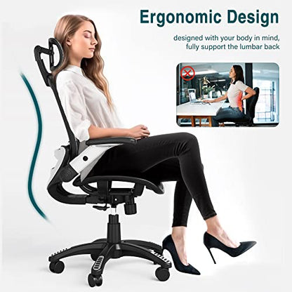 GABRYLLY Ergonomic Mesh Office Chair, High Back Desk Chair - Adjustable Headrest with Flip-Up Arms, Tilt Function, Lumbar Support and PU Wheels, Swivel Computer Task Chair, Grey