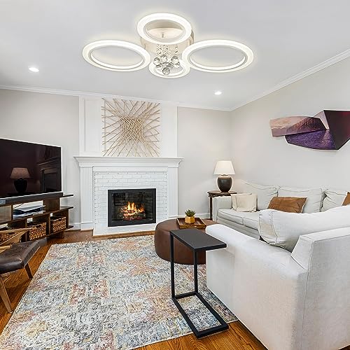 Modern Flush Mount Ceiling Light Fixture 4 Rings Crystal Chandeliers LED Ceiling Lights Dimmable Kitchen Light Fixtures White Bedroom Ceiling Lights for Living Room Hallway Entrance Office 25.8 Inch