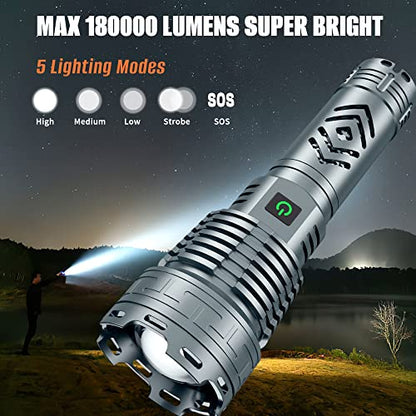 Dsstoc Rechargeable LED Flashlights High Lumens, 180,000 Lumens Super Bright Tactical Powerful Waterproof Flashlights with Battery, 5 Mode, Zoomable, Handheld Flashlights for Emergencies Camping