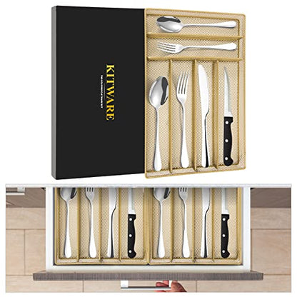 48 pieces Silverware with orgainzer, KITWARE Flatware for 8, Stainless Steel Utensil with metal tray, Home & Kitchen Mirror Polish Cutlery, Dishwasher Safe