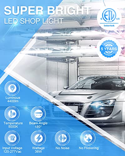Ensenior 4 Pack Linkable Led Shop Light 4ft for Garage, 4400 High Lumens, 36W Equivalent 280W, 5000K Daylight, 48 Inch Utility Surface or Hanging Mount Fixtures, White, ETL Certified