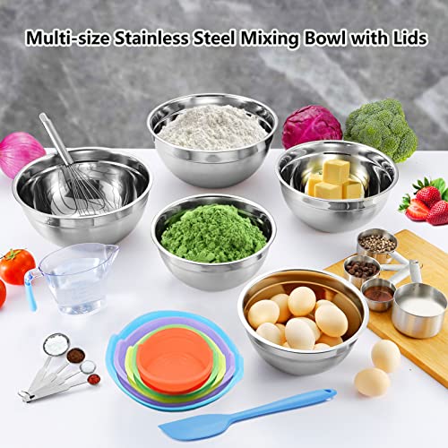 Mixing Bowls with Airtight Lids, 23PCS Large Stainless Steel Mixing Bowl Set & 400ML Measuring Cups & Baking Tools, Kitchen Utensils Metal Nesting Bowl 7/6/4.5/3.5/2.5QT for Prepping Cooking Serving